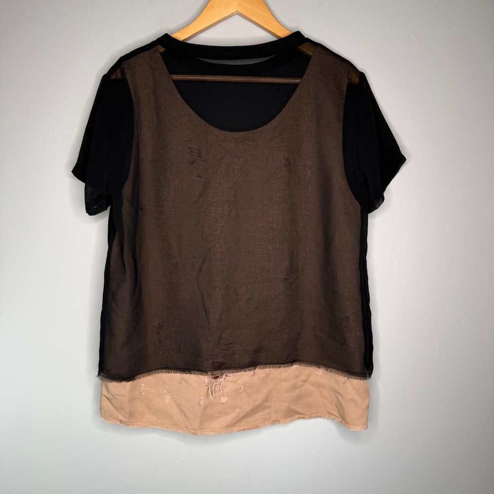 True Religion  M Black Sheer Distressed Layered Short Sleeve Top Blouse Womens